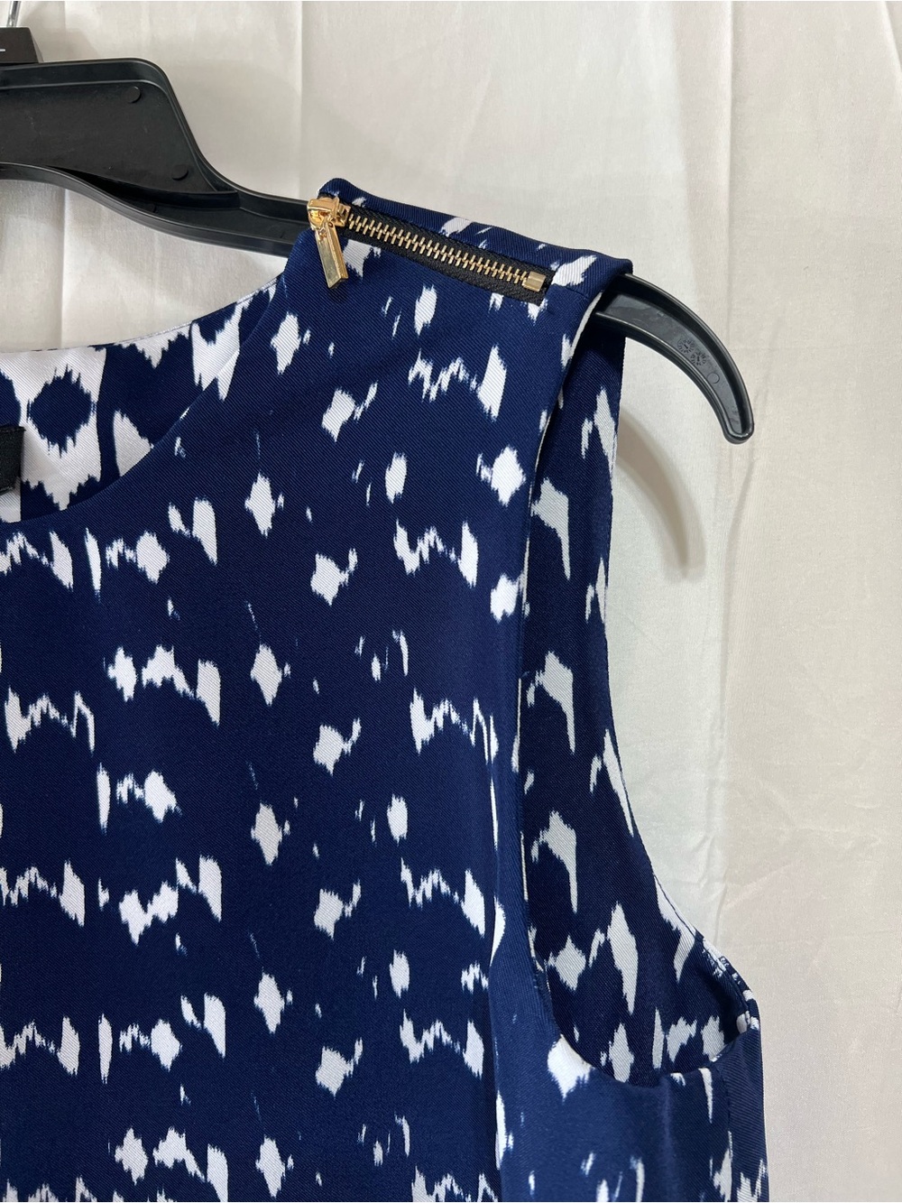 Navy and White Patterned Women’s Dress with Border Trim - Picture 2 of 10